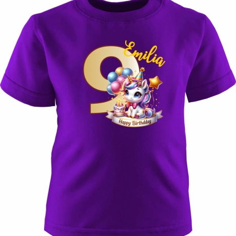 Kinder Kurzarm T-Shirt mit Happy Birthday EINHORN und Name + Zahl