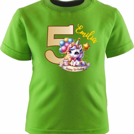 Kinder Kurzarm T-Shirt mit Happy Birthday EINHORN und Name + Zahl
