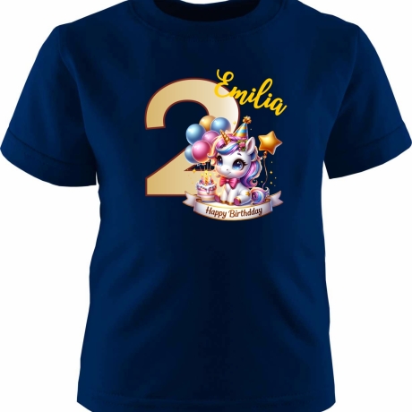 Kinder Kurzarm T-Shirt mit Happy Birthday EINHORN und Name + Zahl