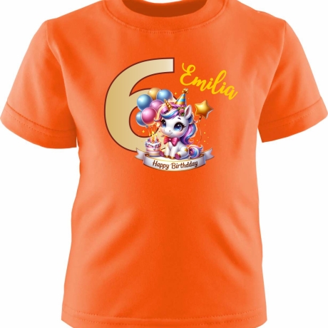 Kinder Kurzarm T-Shirt mit Happy Birthday EINHORN und Name + Zahl