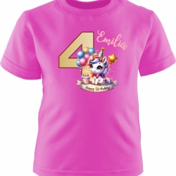Kinder Kurzarm T-Shirt mit Happy Birthday EINHORN und Name + Zahl