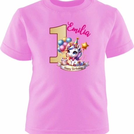 Kinder Kurzarm T-Shirt mit Happy Birthday EINHORN und Name + Zahl