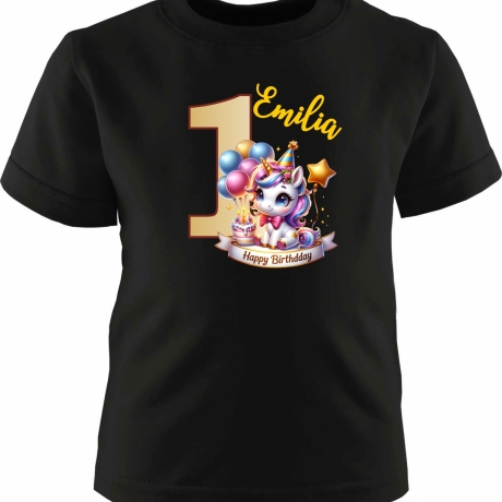 Kinder Kurzarm T-Shirt mit Happy Birthday EINHORN und Name + Zahl