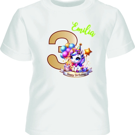 Kinder Kurzarm T-Shirt mit Happy Birthday EINHORN und Name + Zahl