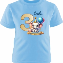 Kinder Kurzarm T-Shirt mit Happy Birthday ELEFANT und Name + Zahl