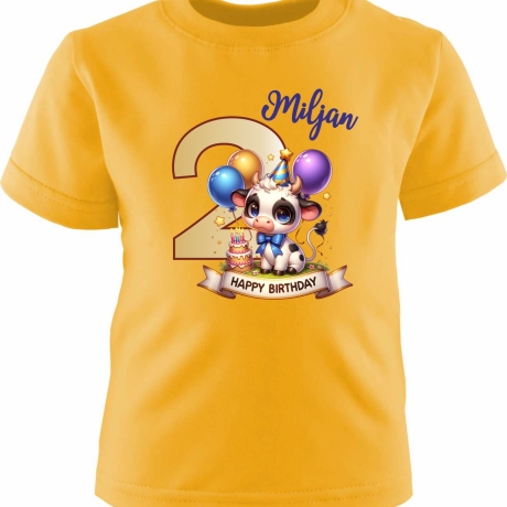 Kinder Kurzarm T-Shirt mit Happy Birthday KUH und Name + Zahl