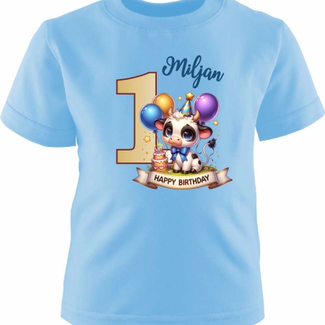 Kinder Kurzarm T-Shirt mit Happy Birthday KUH und Name + Zahl