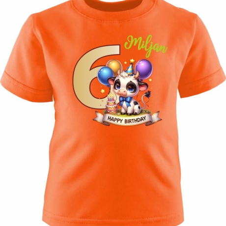 Kinder Kurzarm T-Shirt mit Happy Birthday KUH und Name + Zahl