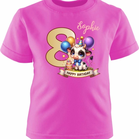 Kinder Kurzarm T-Shirt mit Happy Birthday KUH und Name + Zahl