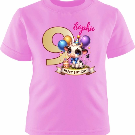 Kinder Kurzarm T-Shirt mit Happy Birthday KUH und Name + Zahl