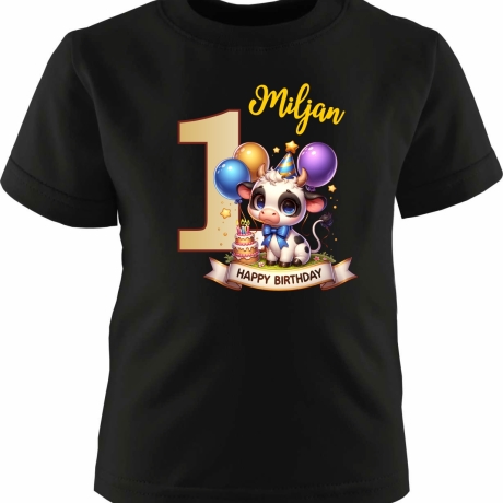 Kinder Kurzarm T-Shirt mit Happy Birthday KUH und Name + Zahl