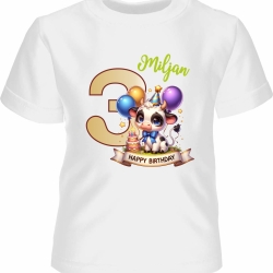 Kinder Kurzarm T-Shirt mit Happy Birthday KUH und Name + Zahl