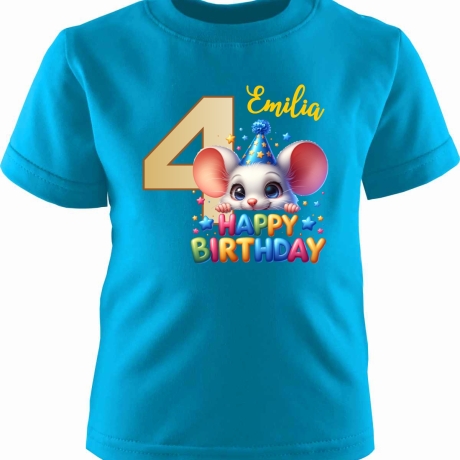 Kinder Kurzarm T-Shirt mit Happy Birthday MAUS und Name + Zahl