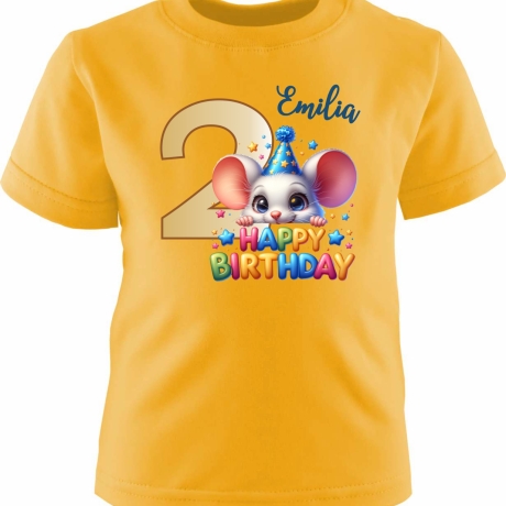 Kinder Kurzarm T-Shirt mit Happy Birthday MAUS und Name + Zahl