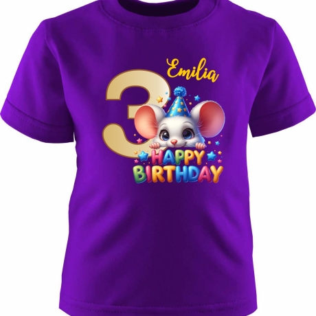Kinder Kurzarm T-Shirt mit Happy Birthday MAUS und Name + Zahl