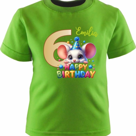 Kinder Kurzarm T-Shirt mit Happy Birthday MAUS und Name + Zahl