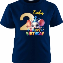 Kinder Kurzarm T-Shirt mit Happy Birthday MAUS und Name + Zahl