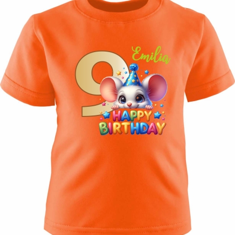 Kinder Kurzarm T-Shirt mit Happy Birthday MAUS und Name + Zahl