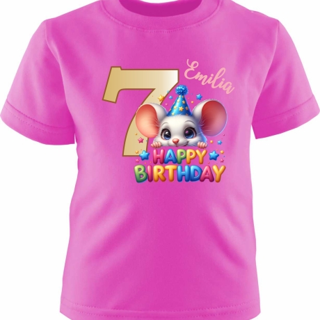 Kinder Kurzarm T-Shirt mit Happy Birthday MAUS und Name + Zahl