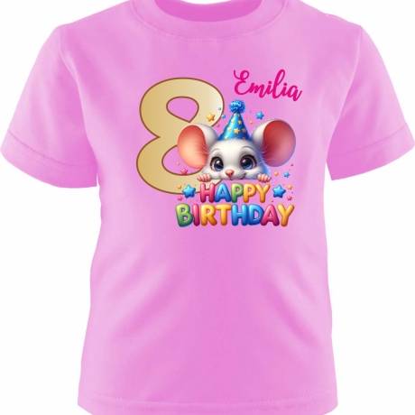 Kinder Kurzarm T-Shirt mit Happy Birthday MAUS und Name + Zahl