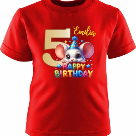 Kinder Kurzarm T-Shirt mit Happy Birthday MAUS und Name + Zahl