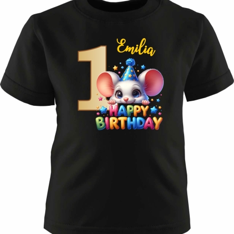 Kinder Kurzarm T-Shirt mit Happy Birthday MAUS und Name + Zahl