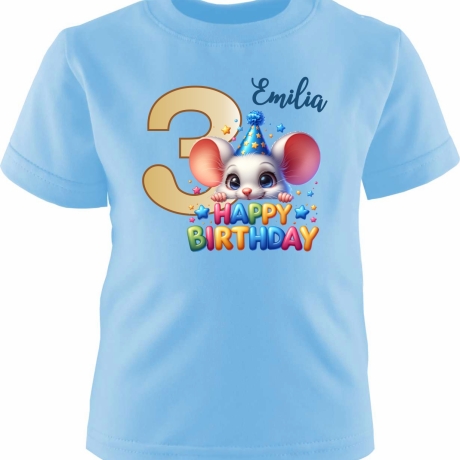 Kinder Kurzarm T-Shirt mit Happy Birthday MAUS und Name + Zahl