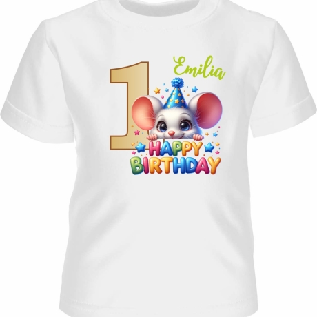 Kinder Kurzarm T-Shirt mit Happy Birthday MAUS und Name + Zahl