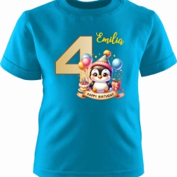 Kinder Kurzarm T-Shirt mit Happy Birthday PINGUIN und Name + Zahl