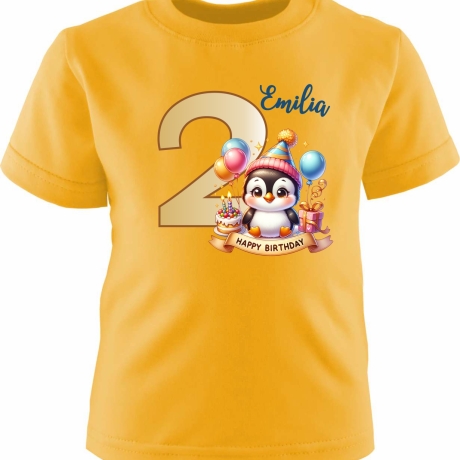 Kinder Kurzarm T-Shirt mit Happy Birthday PINGUIN und Name + Zahl