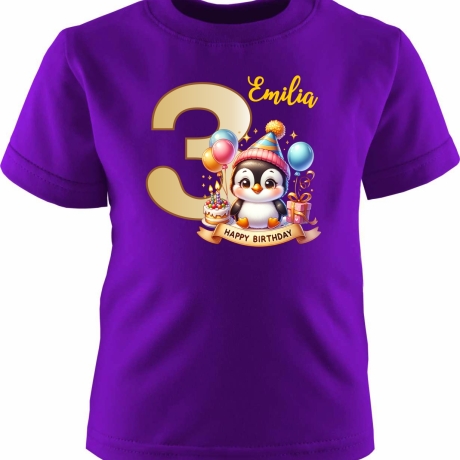 Kinder Kurzarm T-Shirt mit Happy Birthday PINGUIN und Name + Zahl