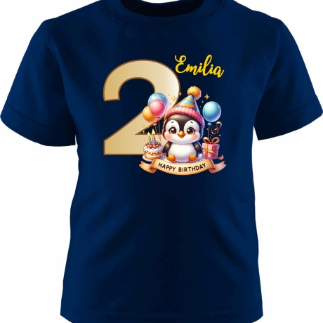 Kinder Kurzarm T-Shirt mit Happy Birthday PINGUIN und Name + Zahl