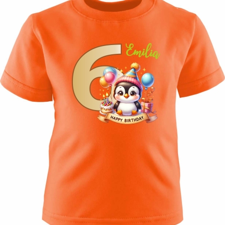 Kinder Kurzarm T-Shirt mit Happy Birthday PINGUIN und Name + Zahl