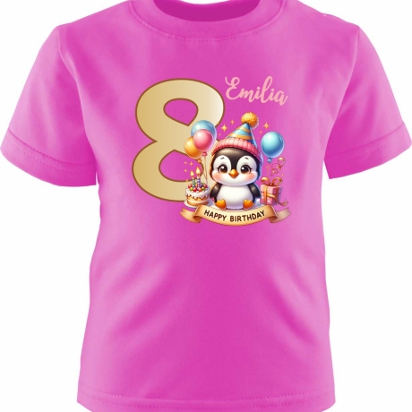 Kinder Kurzarm T-Shirt mit Happy Birthday PINGUIN und Name + Zahl
