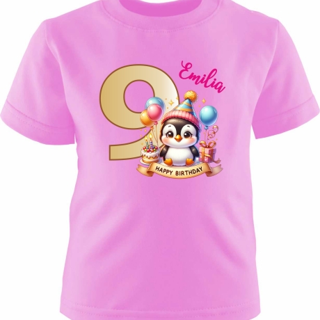 Kinder Kurzarm T-Shirt mit Happy Birthday PINGUIN und Name + Zahl