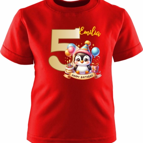 Kinder Kurzarm T-Shirt mit Happy Birthday PINGUIN und Name + Zahl