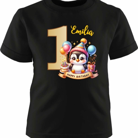 Kinder Kurzarm T-Shirt mit Happy Birthday PINGUIN und Name + Zahl