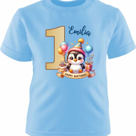 Kinder Kurzarm T-Shirt mit Happy Birthday PINGUIN und Name + Zahl