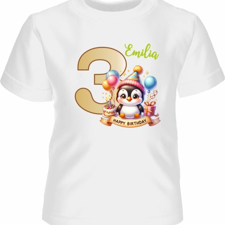 Kinder Kurzarm T-Shirt mit Happy Birthday PINGUIN und Name + Zahl