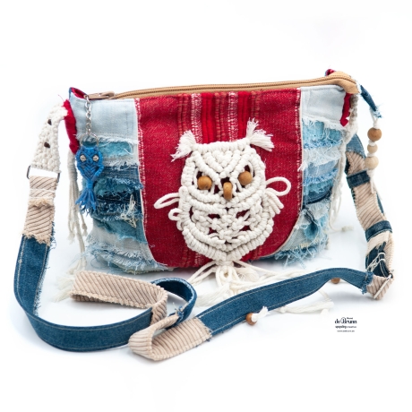 Hippie Künstlertasche - UPCYCLING Jeans-Tasche mit Makrameemotiv
