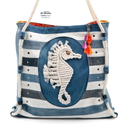 Jeanstasche im Marinestil - UPCYCLING Tasche mit Makrameemotiv