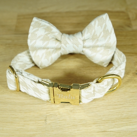 Hundehalsband, -marke, Fliege, Leine personalisiert Hahnentritt