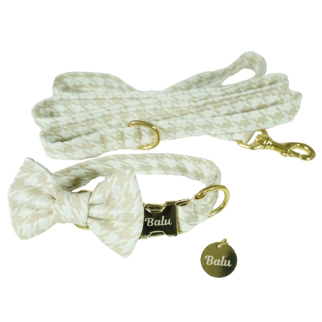 Hundehalsband, -marke, Fliege, Leine personalisiert Hahnentritt