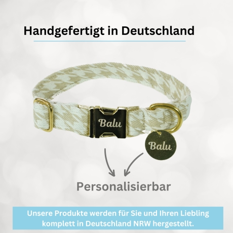 Hundehalsband, -marke, Fliege, Leine personalisiert Hahnentritt