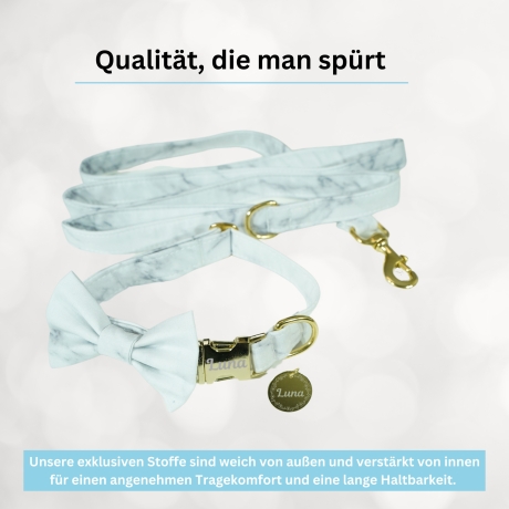Hundehalsband, -marke, Fliege, Leine personalisiert Gold, Marmor