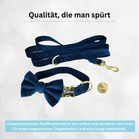Hundehalsband mit Fliege und Hundemarke personalisiert Samt Blau