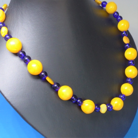 Perlenkette, honiggelb königsblau, Perlenmix, Länge wählbar