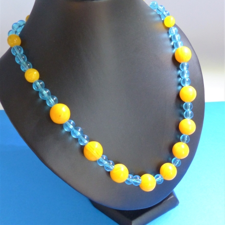 Perlenkette, honiggelb türkisblau, Perlenmix, Länge wählbar