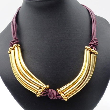 Halskette, Lederkette mit Metall, violett + gold, 48 + 4 cm