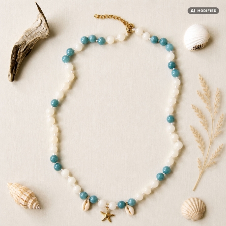 Kauri Muschel Halskette mit Jadeperlen – blau & natur